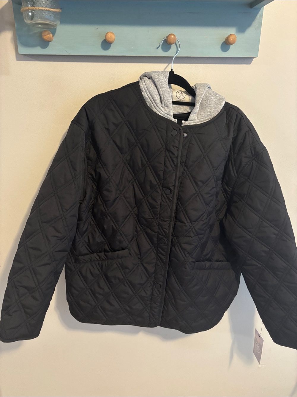 NEW Sage Collective Women Quilted Jacket Hooded Sweatshirt Layered Look Black XL